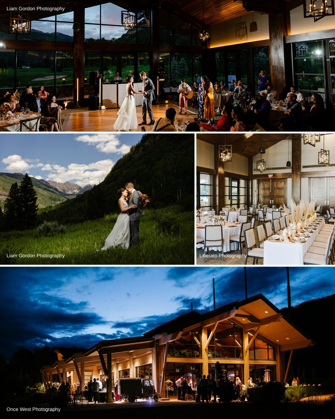 A collage shows a wedding ceremony inside a modern venue, a couple posing outdoors with mountains, a set dining area, and an evening view of the venue with guests outside.
