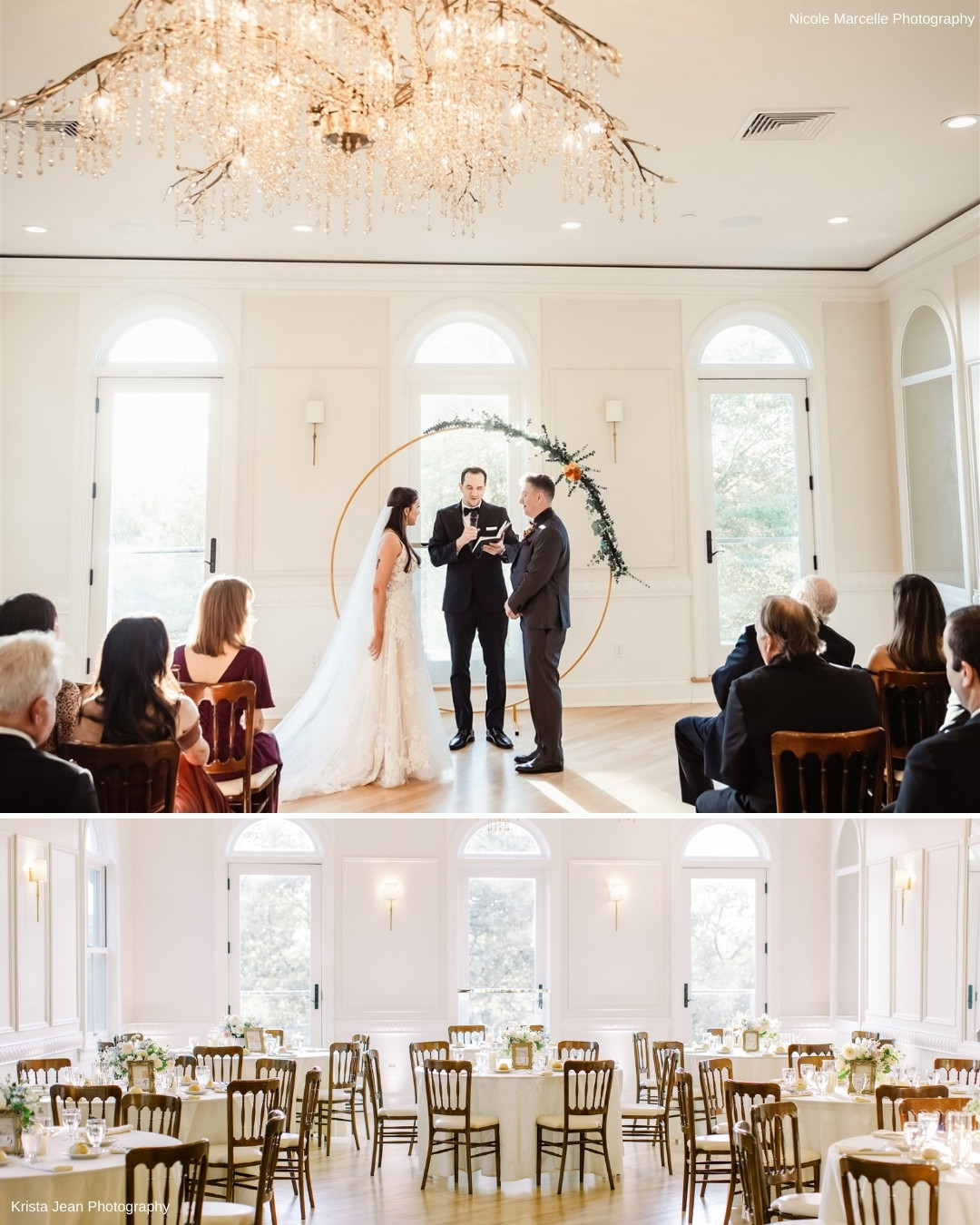 Top: A wedding ceremony with a couple and officiant standing in front of a decorative ring, guests seated. Bottom: The same room arranged with round tables and chairs for a reception.