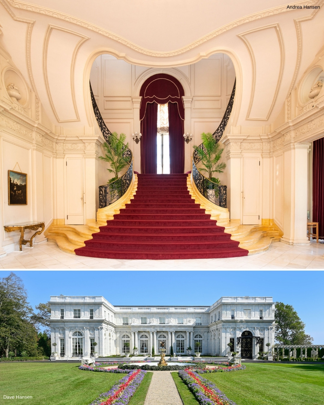 Top image shows a grand staircase with a red carpet and ornate railings; bottom image shows the exterior of a large white mansion with gardens in front.