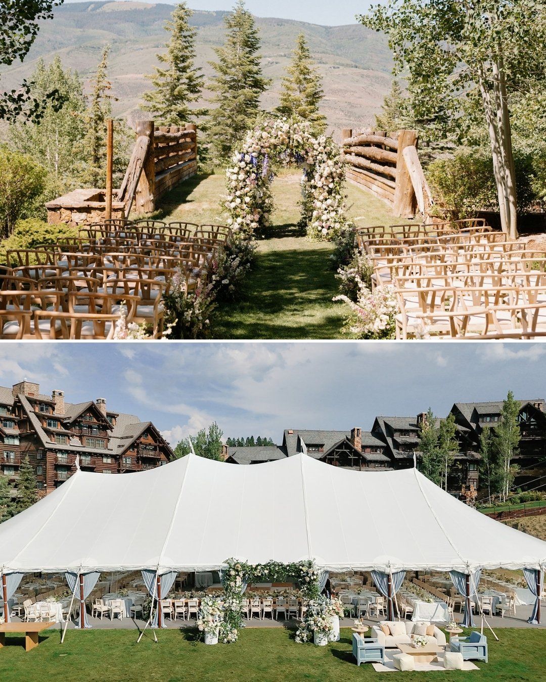 Two wedding scenes: the top shows an outdoor ceremony setup with wooden chairs and a flower arch; the bottom shows a large white event tent with seating and decorations.