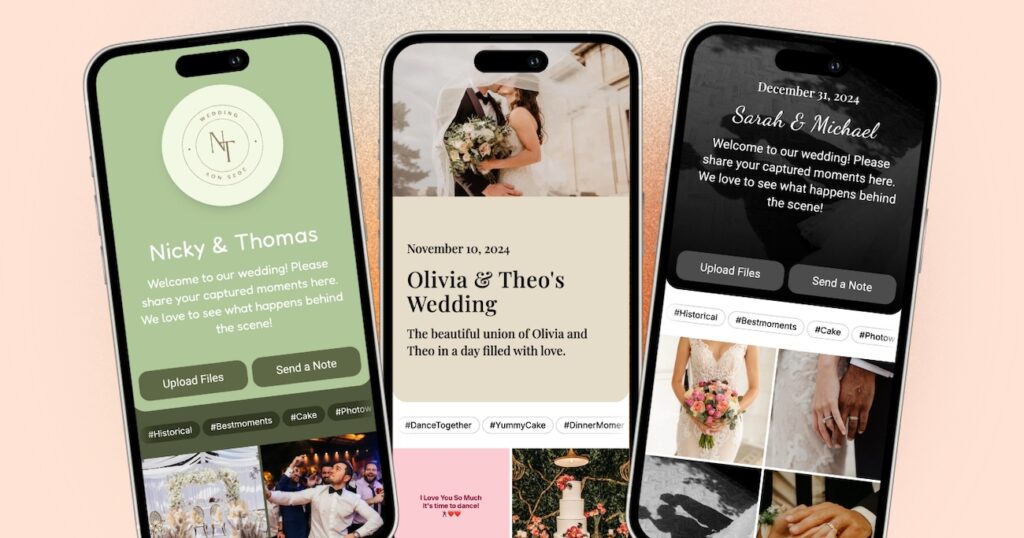 Three smartphone screens display digital wedding invitations and announcements with photos of couples, wedding dates, hashtags, and personalized messages.