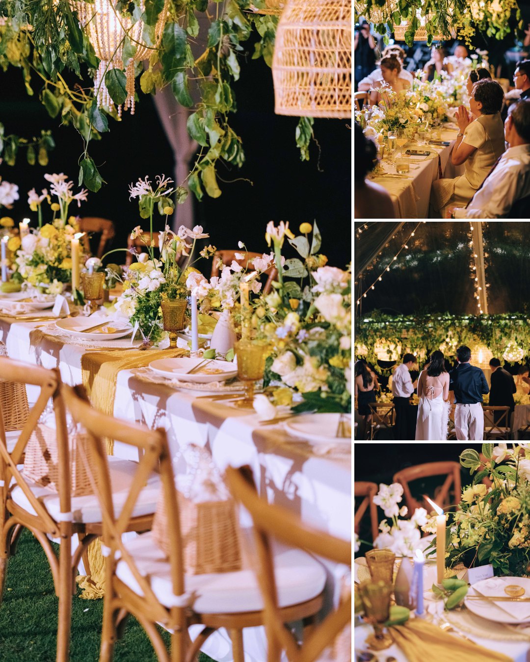 A decorated outdoor banquet table with yellow and white flowers, guests seated at a long table, and string lights illuminating a nighttime event.
