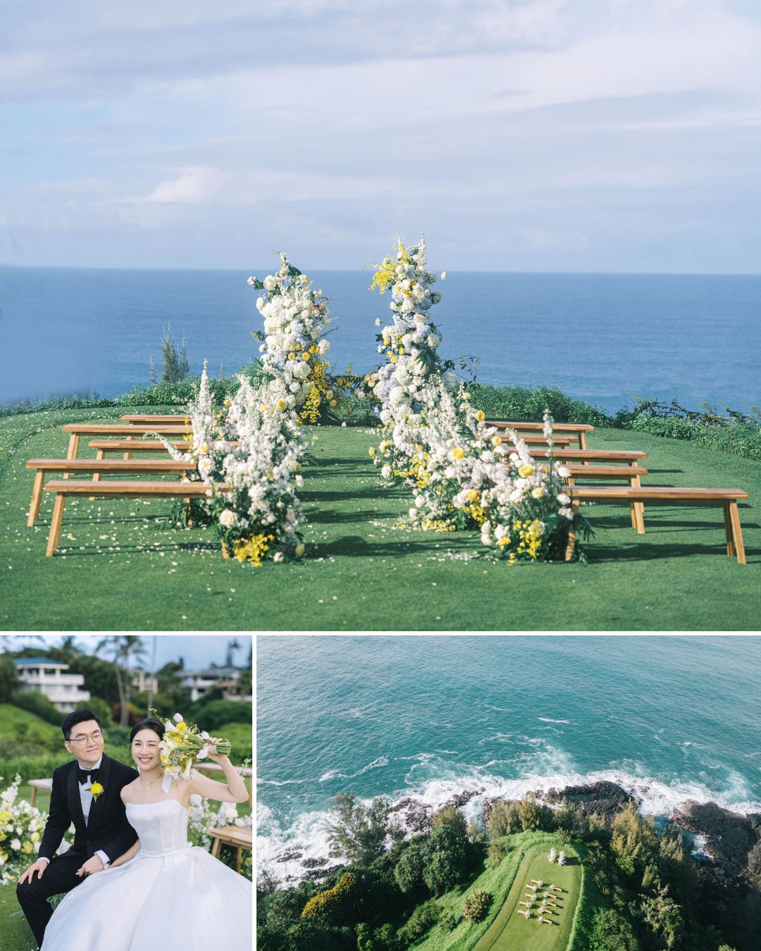 A seaside outdoor wedding setup with floral arches and benches, an aerial view of the venue, and a couple in wedding attire smiling for a photo.