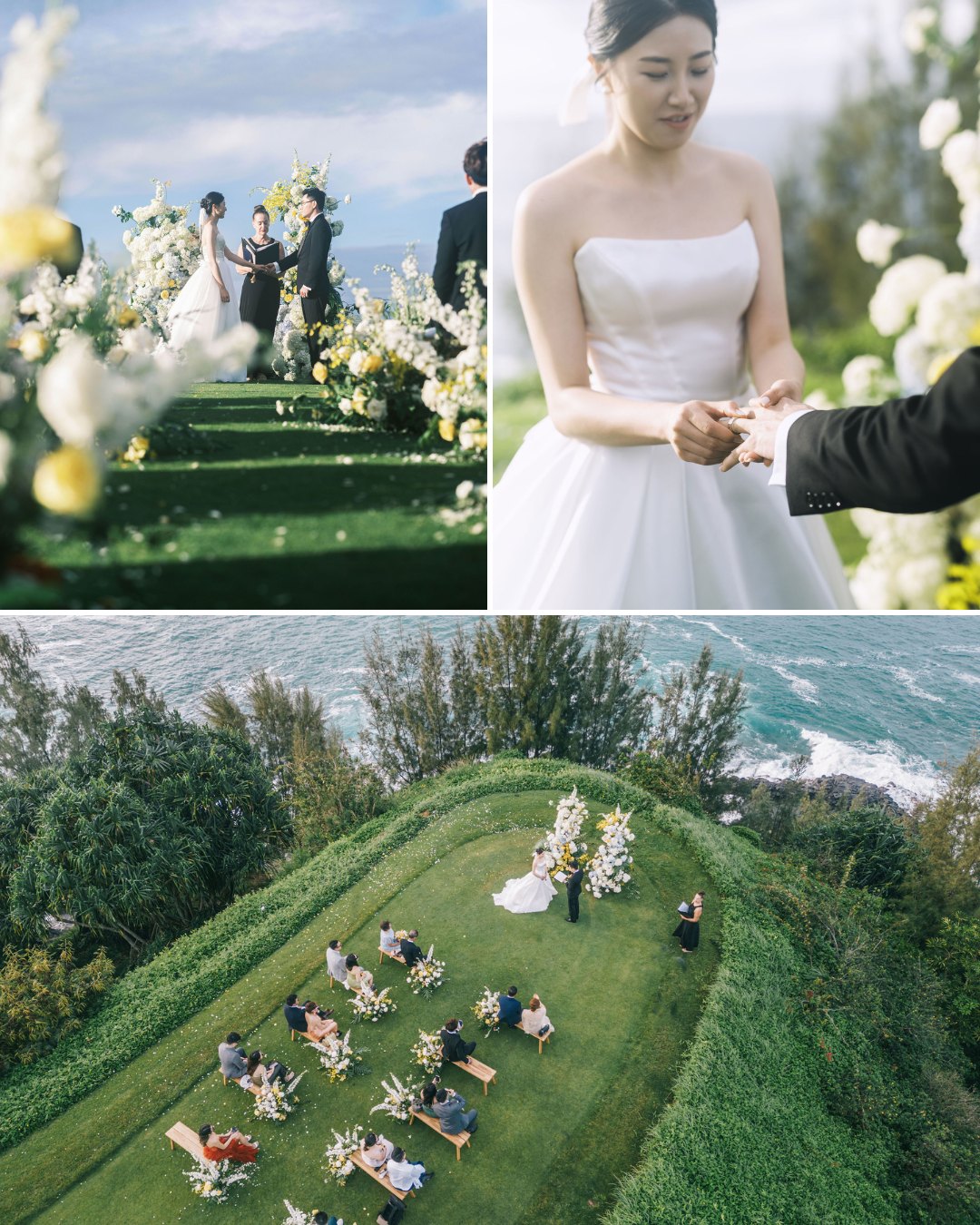 A small outdoor wedding ceremony on a grassy cliff with flower decorations; a bride in a white dress exchanges rings with the groom.