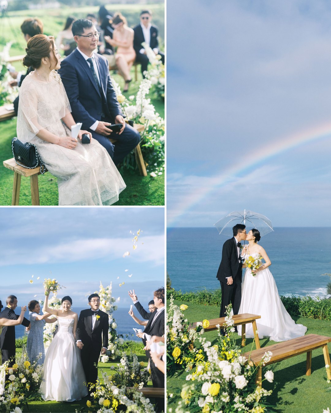 A wedding ceremony outdoors near the ocean features guests seated, a couple kissing under a rainbow, and flower petals being thrown in celebration.