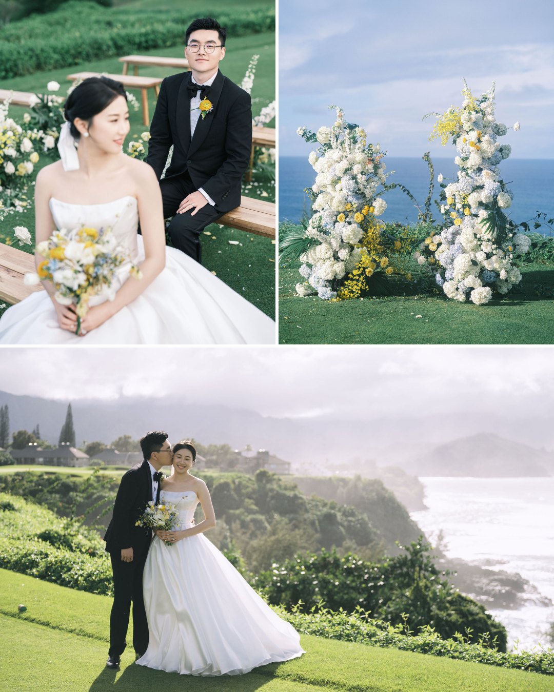 A bride and groom pose outdoors with floral arrangements and ocean views, featuring a wedding dress, suit, and scenic coastline backdrop.