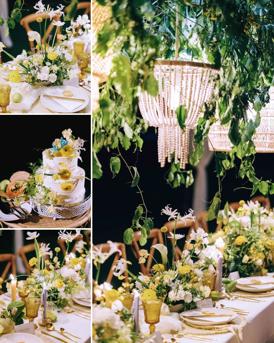 Elegant table setting featuring yellow and white floral arrangements, a tiered cake, gold accents, and greenery with chandeliers overhead.