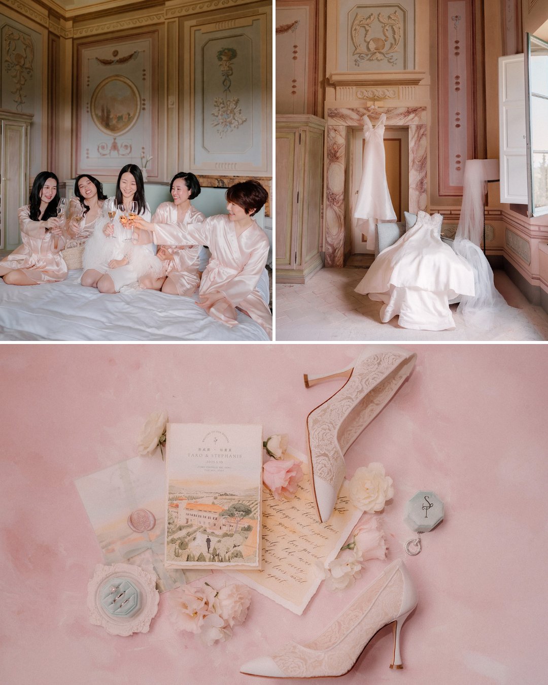 A bridal party in robes sits on a bed, two wedding dresses hang in an ornate room, and wedding accessories are arranged on a pink surface.