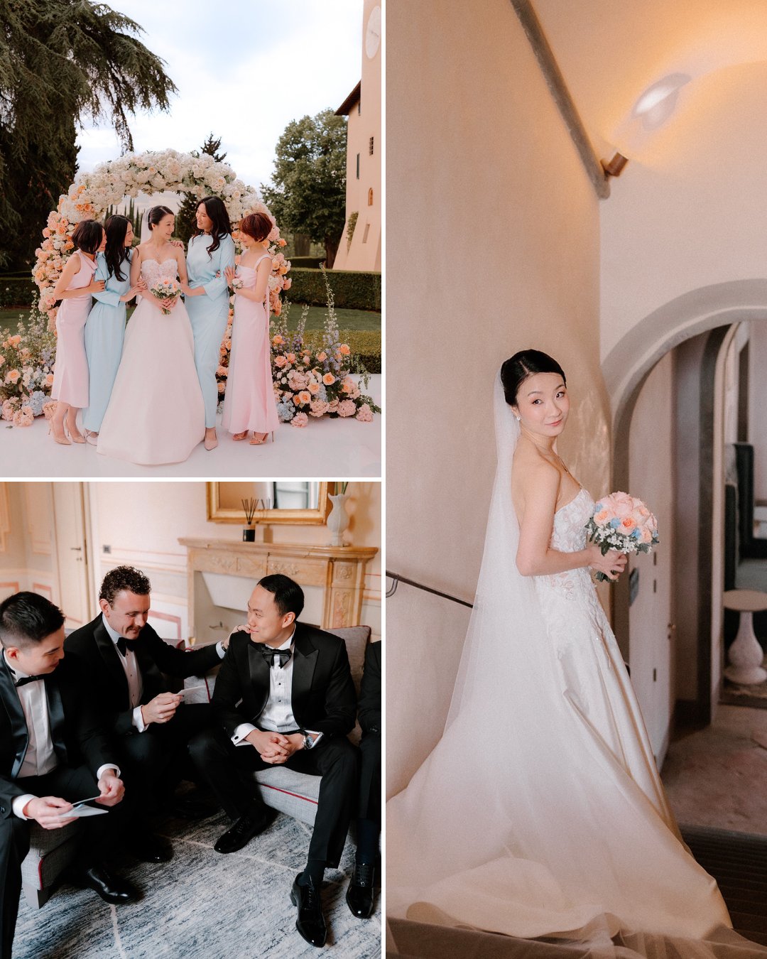 A bride and bridesmaids stand under a floral arch, three men sit on a sofa in tuxedos, and a bride poses on a staircase holding a bouquet.