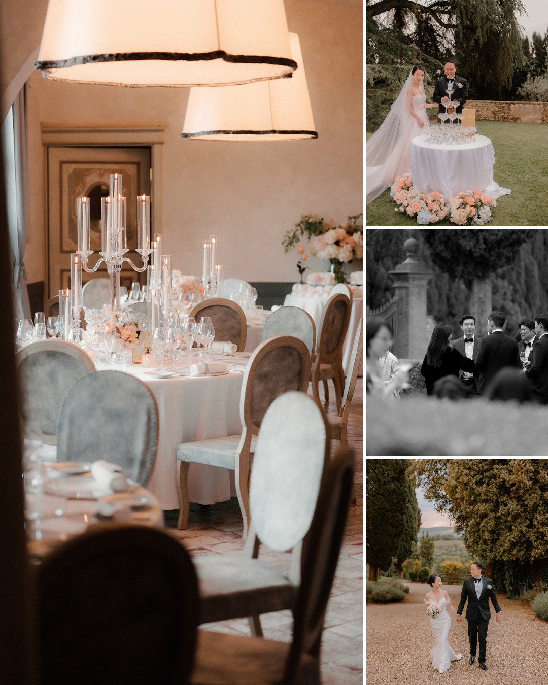 Collage showing an elegant wedding setup with round tables and chandeliers, a couple cutting cake, guests seated outdoors, and the couple walking down a garden path.