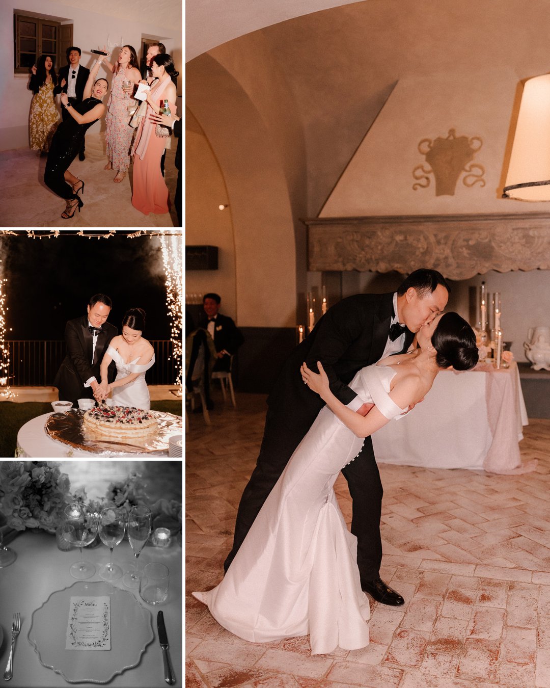 A bride and groom share a dance and a kiss at their wedding reception, with smaller images showing guests dancing, the couple cutting a cake, and a decorated dinner table.