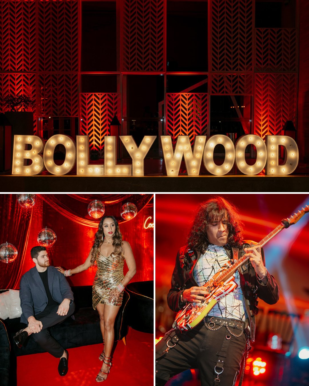 Large illuminated "BOLLYWOOD" sign on stage; below, a woman in gold dress and man seated, and a musician playing electric guitar under red lighting.