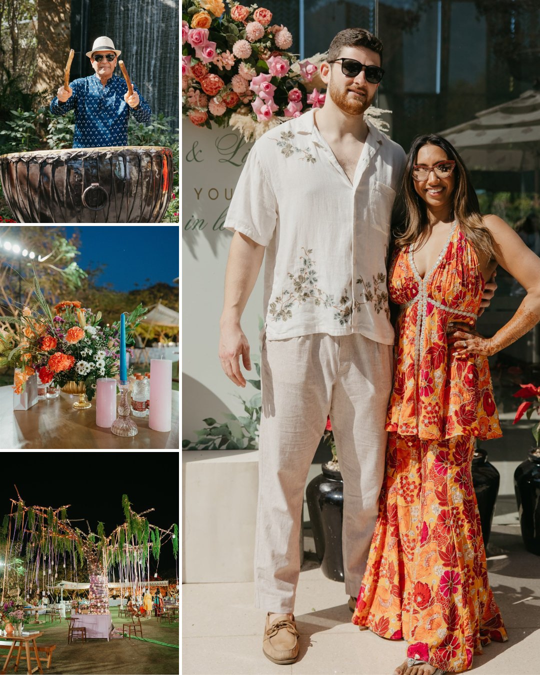 A collage featuring a musician drumming, two drinks on a table, an outdoor event setup, and a man and woman posing together in floral attire.