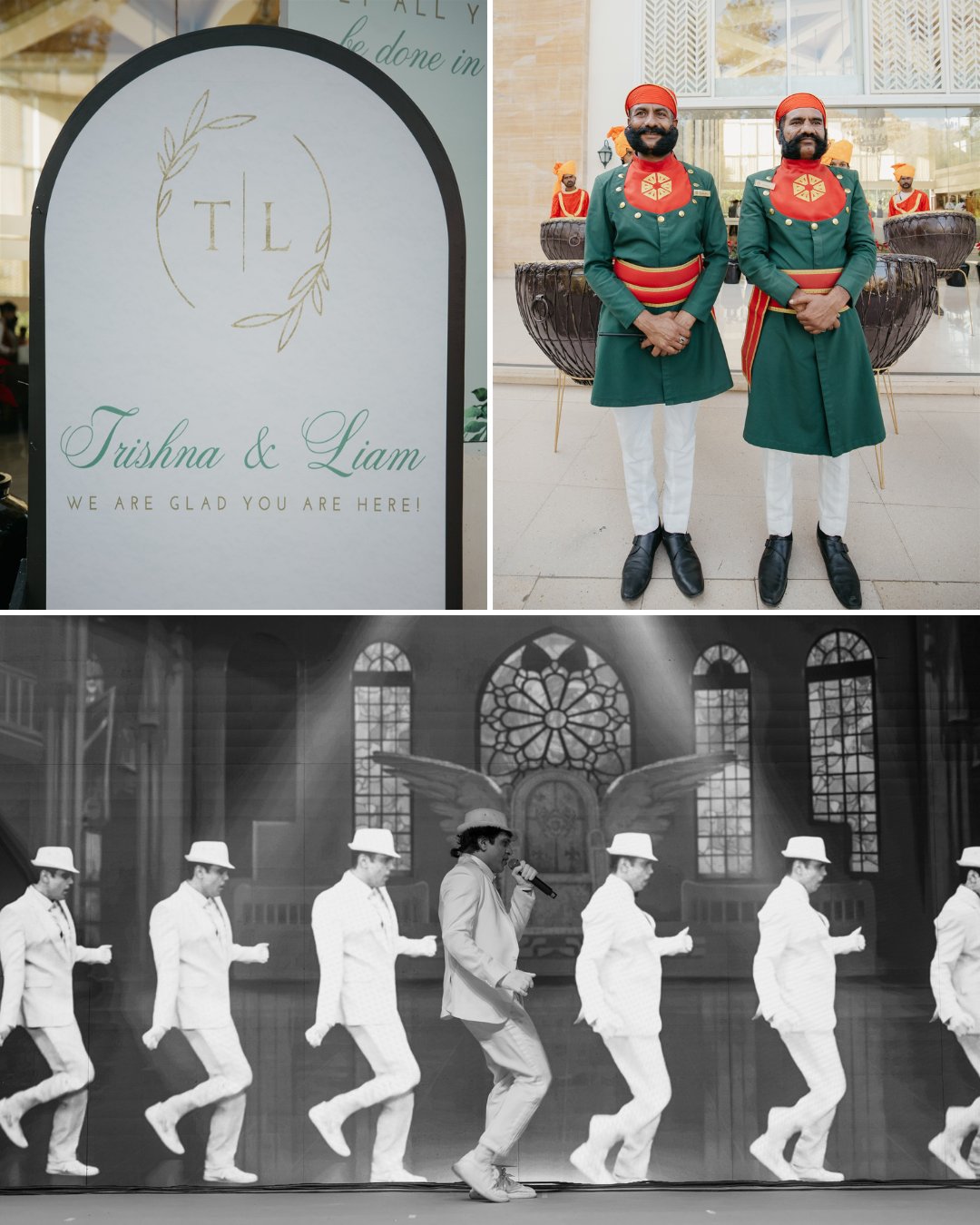 A wedding sign with "Trishna &amp; Liam," two men in green uniforms and red turbans, and a stage performance with dancers in white suits and hats.