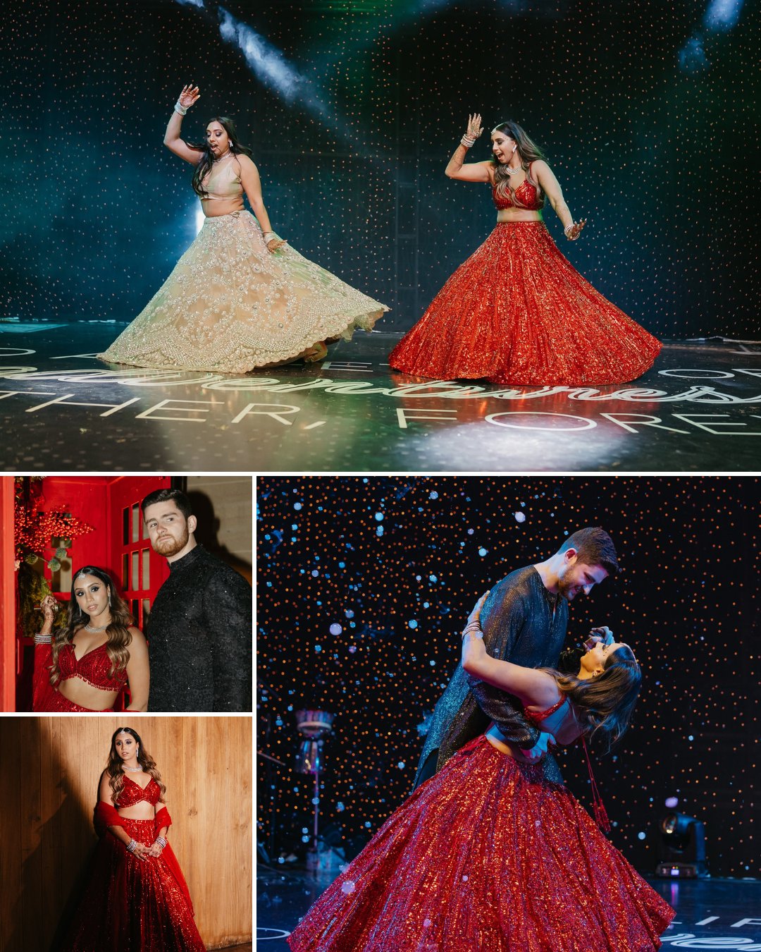 A collage shows women in traditional Indian attire dancing on stage, a couple posing together, and a couple dancing, all in festive settings.