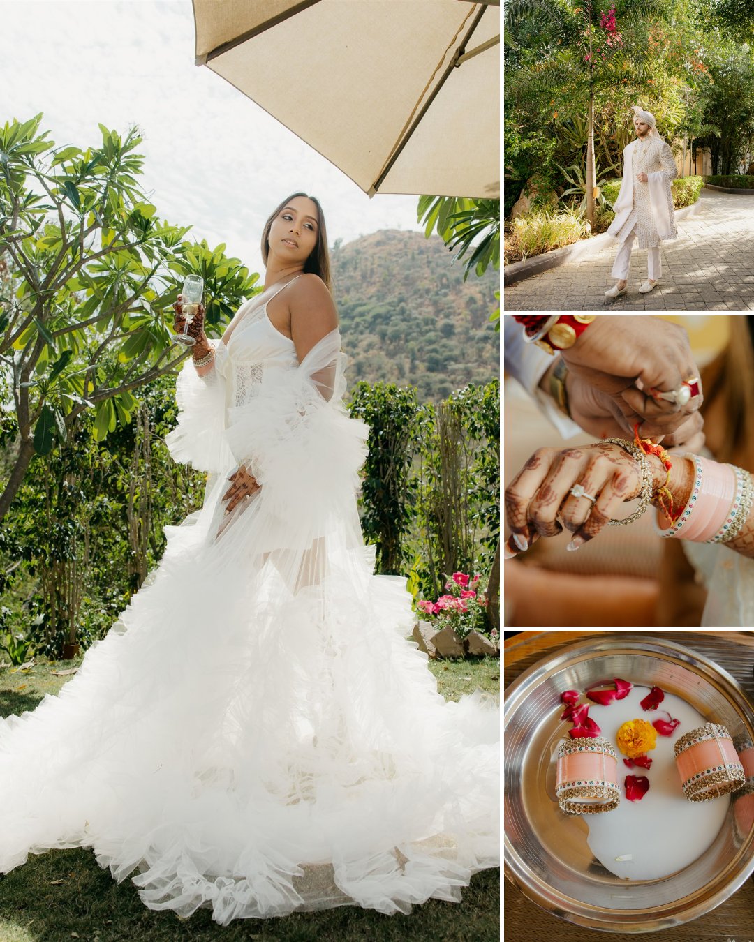 A bride in a white bridal gown poses outdoors; adjacent images show wedding rituals and details, including hands adorned with bangles and a bowl with decorated items.