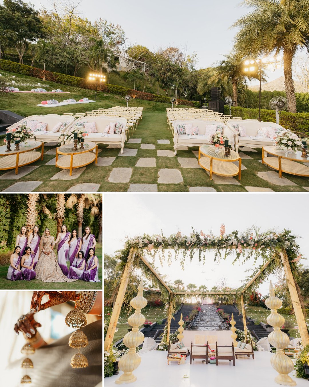 A wedding venue with outdoor seating, floral decorations, a mandap, bridesmaids in purple dresses, and a close-up of traditional jewelry.