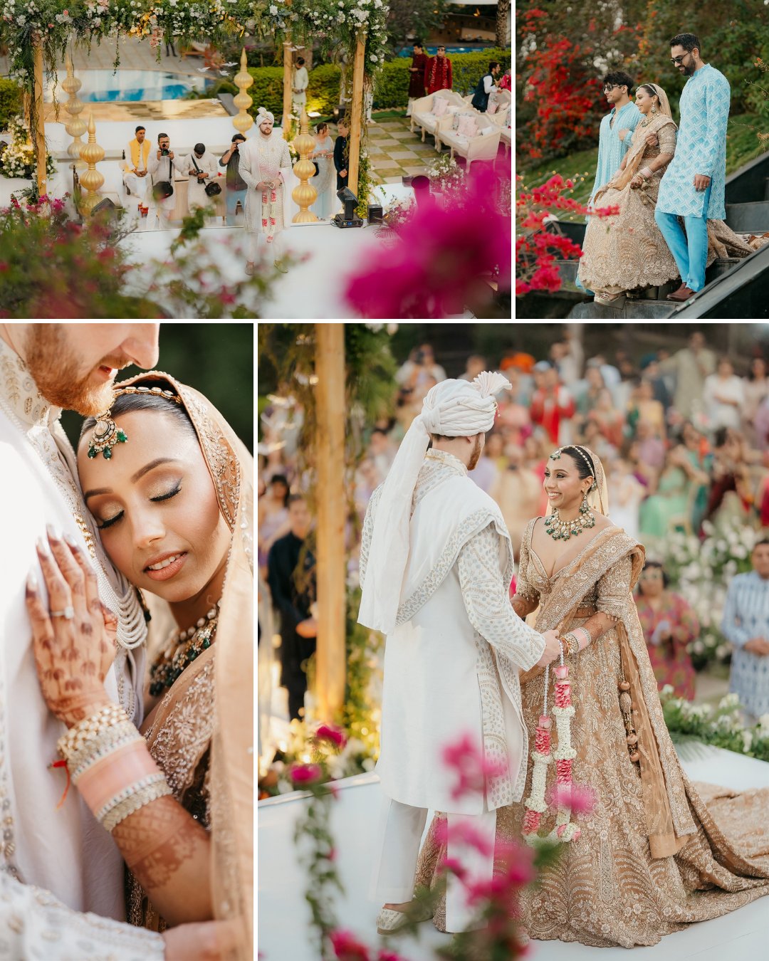A collage of wedding photos shows a bride and groom in traditional South Asian attire during an outdoor ceremony attended by guests.