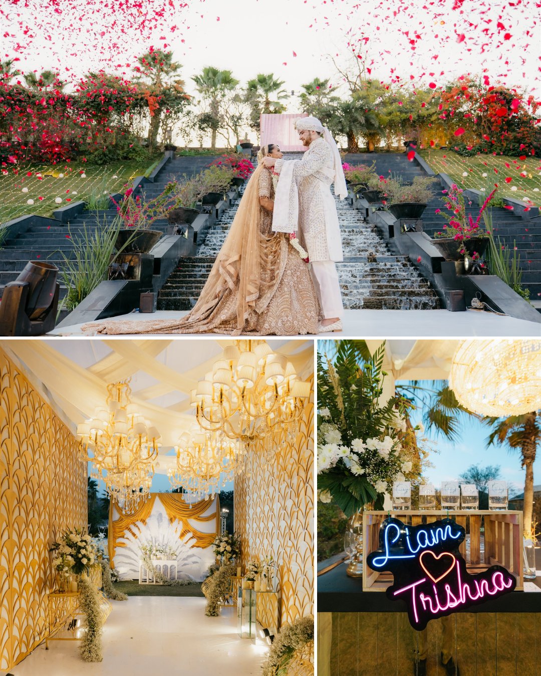 A couple in traditional attire stands on outdoor steps; below are images of a decorated hallway and a neon sign reading "Liam hearts Trishna" at a wedding venue.