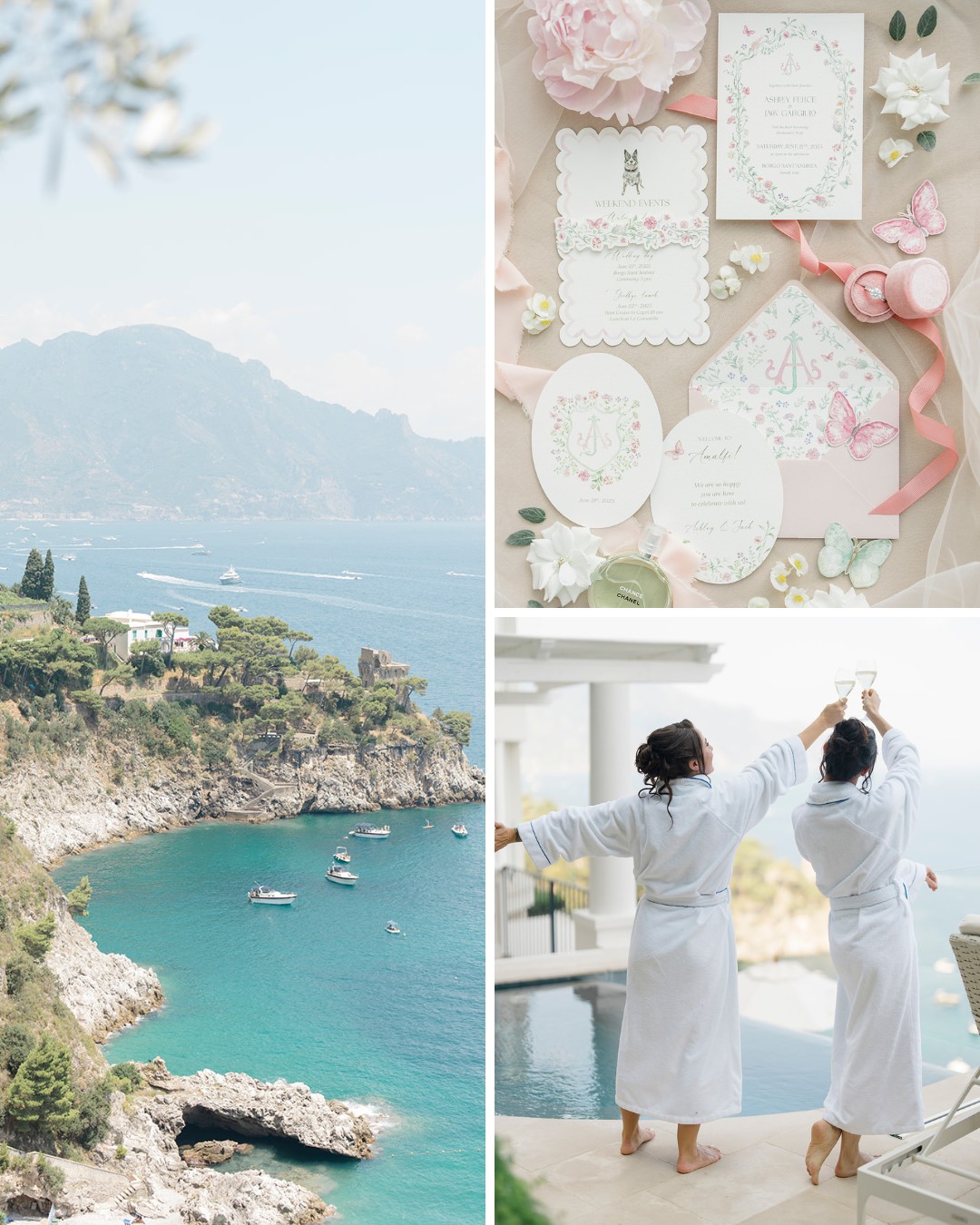 A coastal landscape, elegant stationery with floral designs, and two people in robes by a poolside with raised arms.