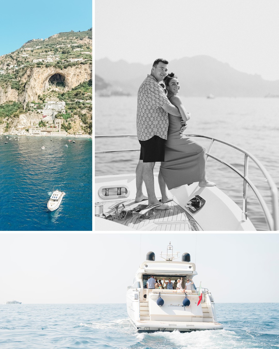 A collage of three images: a boat near a rocky coastline, a couple standing on a yacht, and the rear view of a yacht moving through the sea.