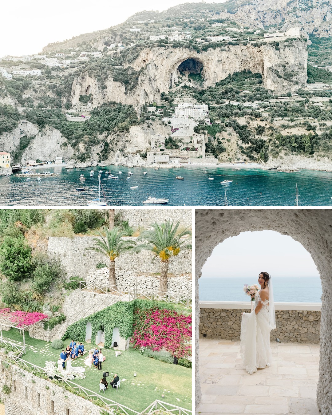 A coastal cliff with boats on the water above; below, a garden wedding ceremony and a bride in a white dress standing under an arch with a sea view.