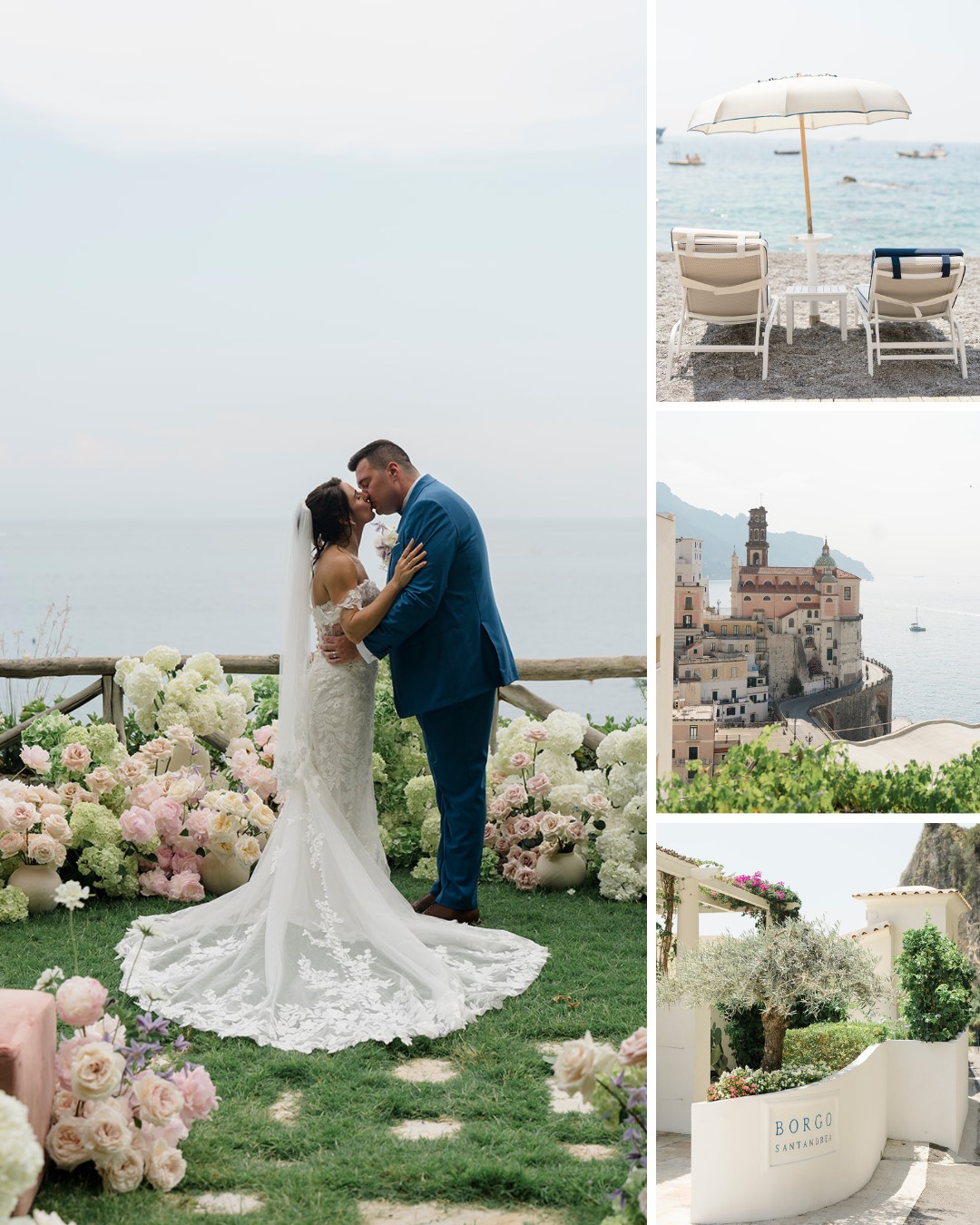 Bride and groom embracing on a floral-decorated lawn by the sea; alongside images of a beach, a coastal town, and an outdoor terrace.