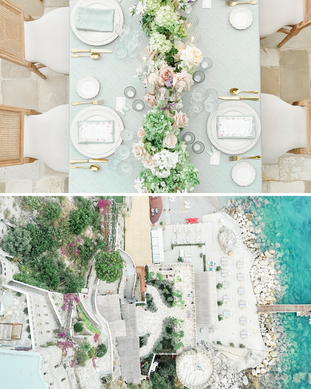 Top: Table set for a meal with floral centerpiece and place settings. Bottom: Aerial view of a coastal area with buildings and blue water.