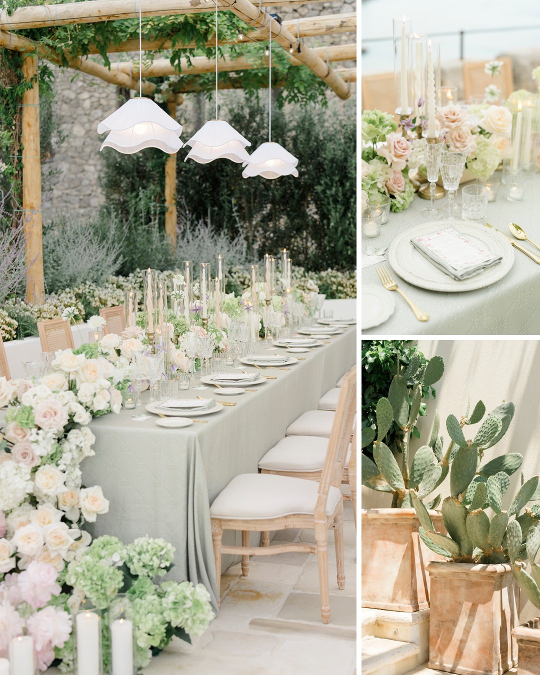 Elegant outdoor table setting with white and pastel floral arrangements, light green tablecloth, white chairs, and decorative cacti in terracotta pots.