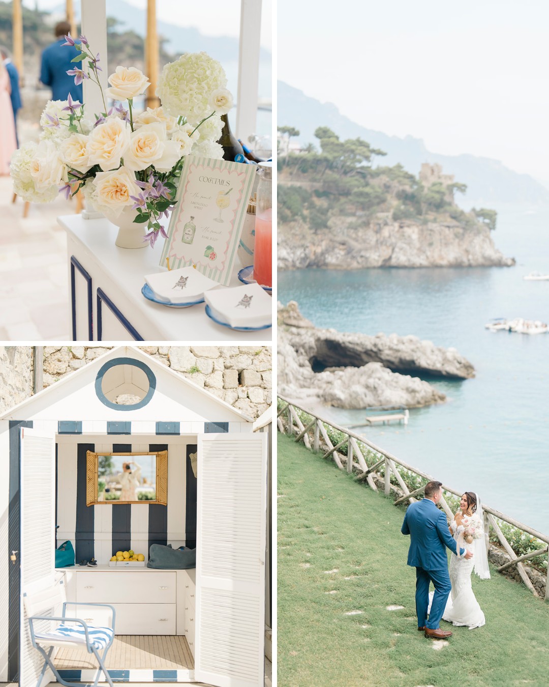 A collage shows wedding decor with flowers and books, a seaside view with cliffs and boats, a striped beach hut, and a couple embracing on a grassy lawn.
