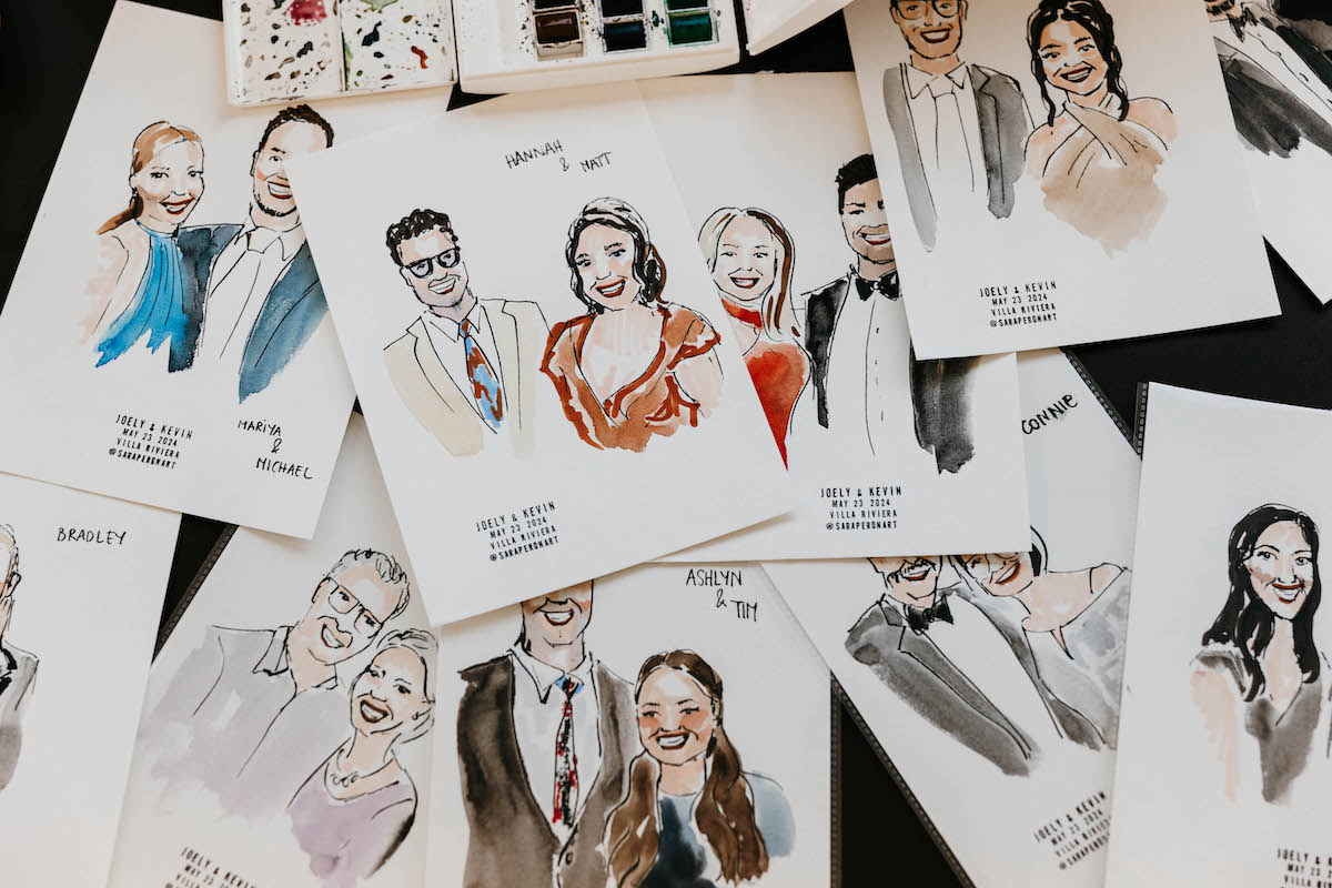 Scattered watercolor portraits of people, each labeled with names and dressed in formal attire, displayed on a flat surface.