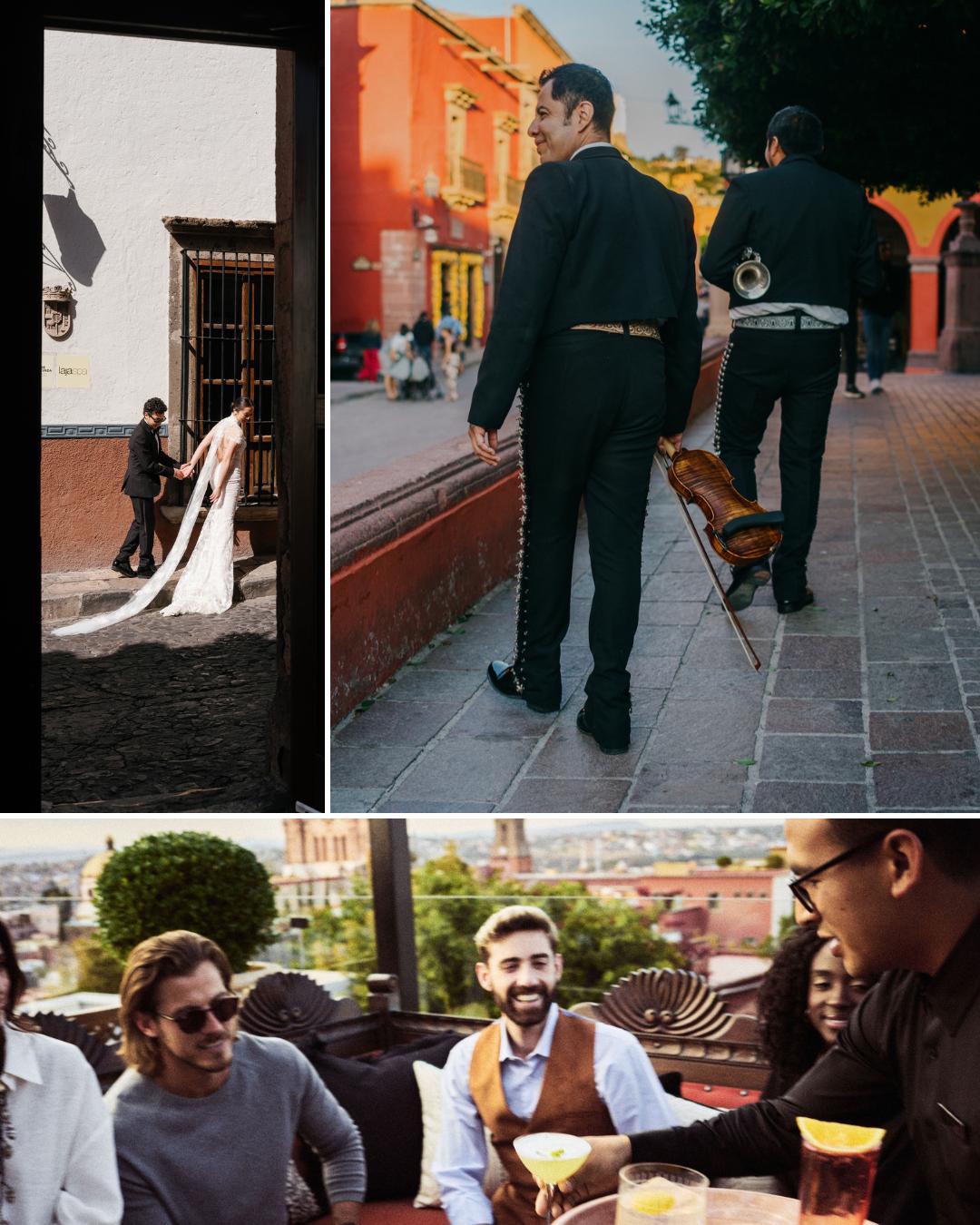A collage shows a bride and groom walking, two men in mariachi outfits with a guitar, and a group of people sitting at a table with drinks outdoors.