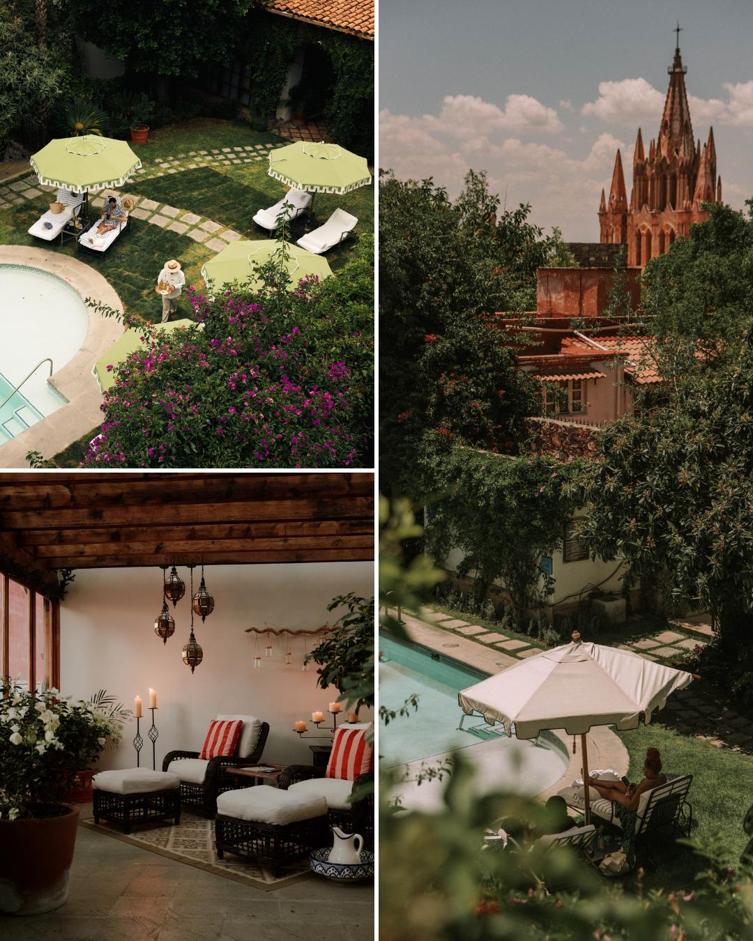 A collage shows a poolside area with lounge chairs and umbrellas, a view of a cathedral above rooftops and trees, and a cozy indoor seating area with striped cushions.