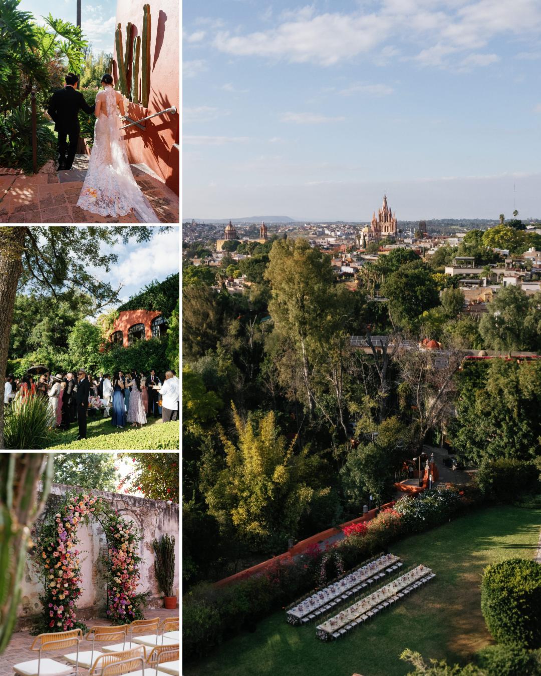 Collage of a wedding ceremony: bride and groom walking among cacti, outdoor ceremony with guests, floral arch, and a scenic view of a city with a church and greenery.