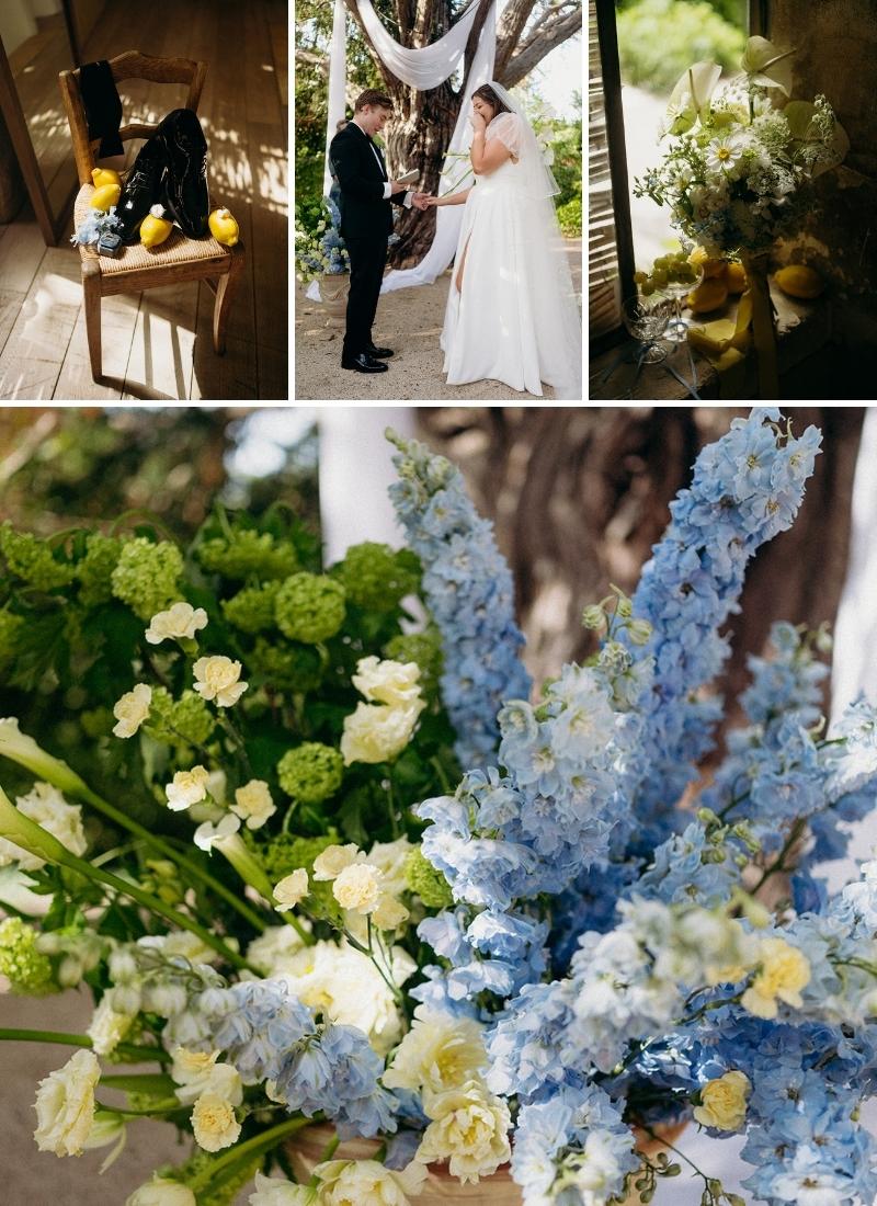 Collage of wedding scenes with a bride and groom, yellow and blue floral arrangements, and lemon decorations.
