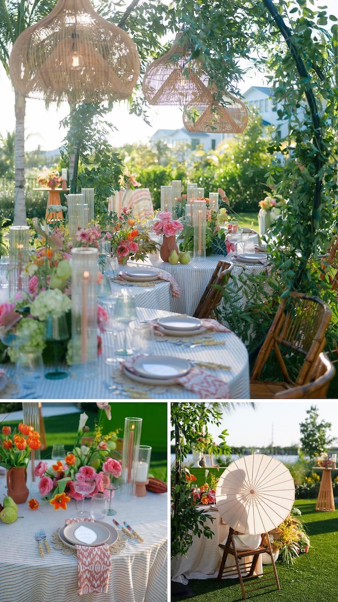 Outdoor garden table set for a meal at Lunara Bay, decorated with floral centerpieces, striped tablecloths, rattan lamps, and a white parasol under greenery and Florida Keys sunlight.