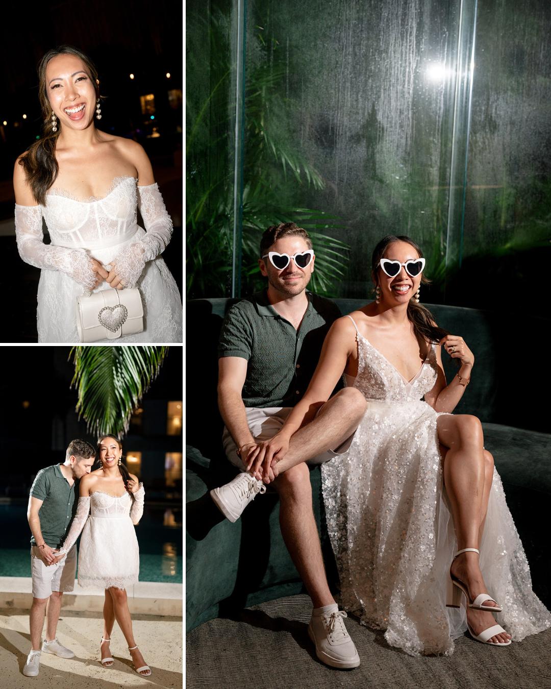 A woman in a white dress and a man in a green shirt and shorts pose together; she wears heart-shaped sunglasses in two of the three photos.
