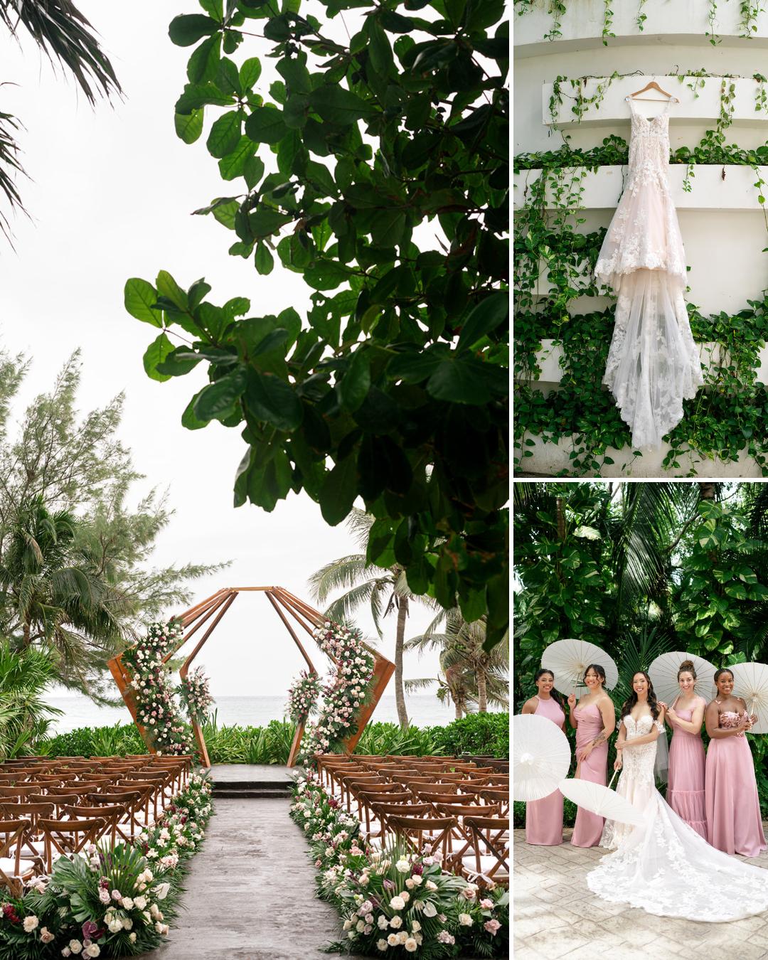 Outdoor wedding setup with a flower-lined aisle, a wooden arch, a lace wedding dress hanging on a wall, and bridesmaids in pink dresses with umbrellas.