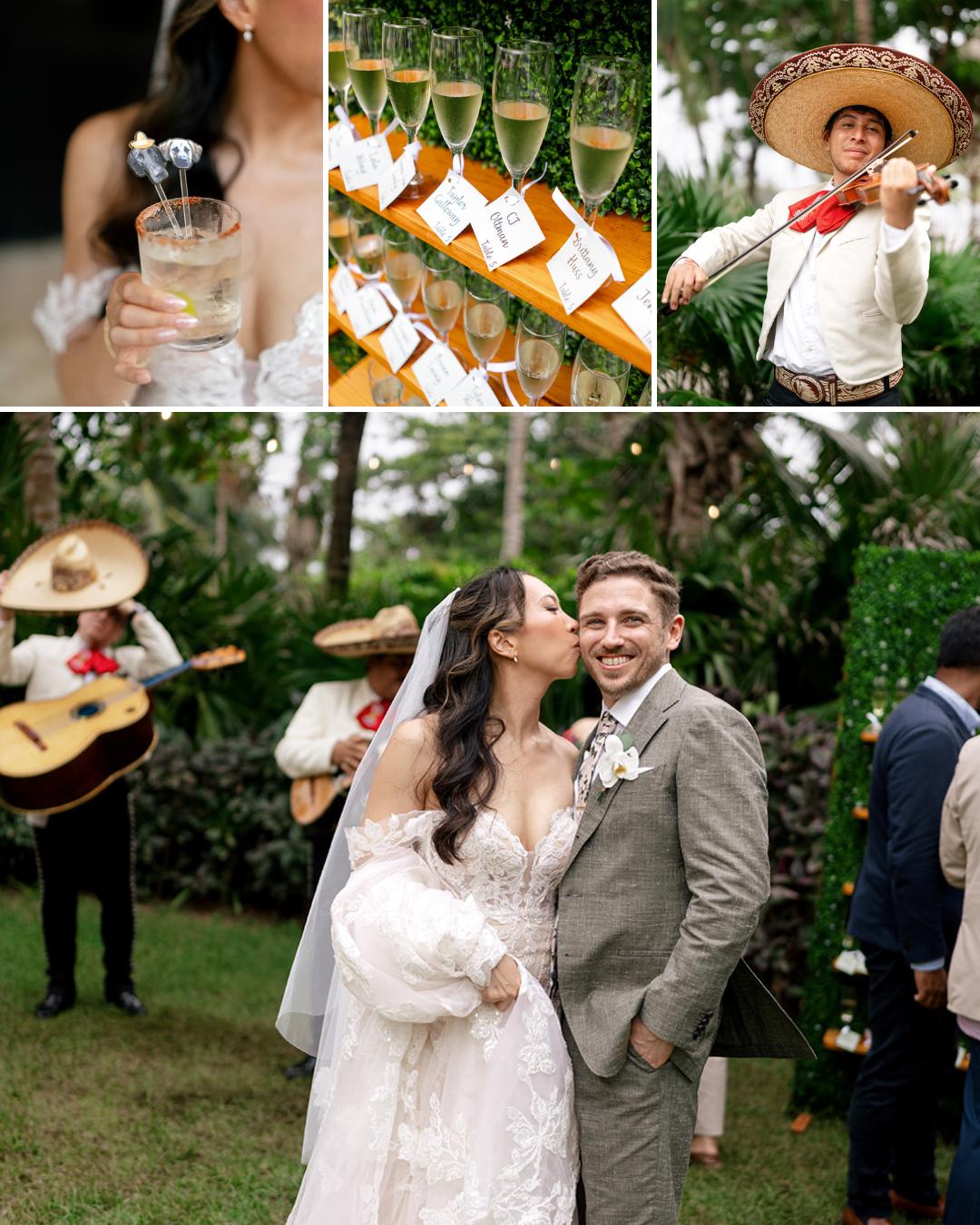 A bride and groom pose outdoors, surrounded by mariachi musicians; close-ups show a bride holding a drink and champagne glasses with name cards.