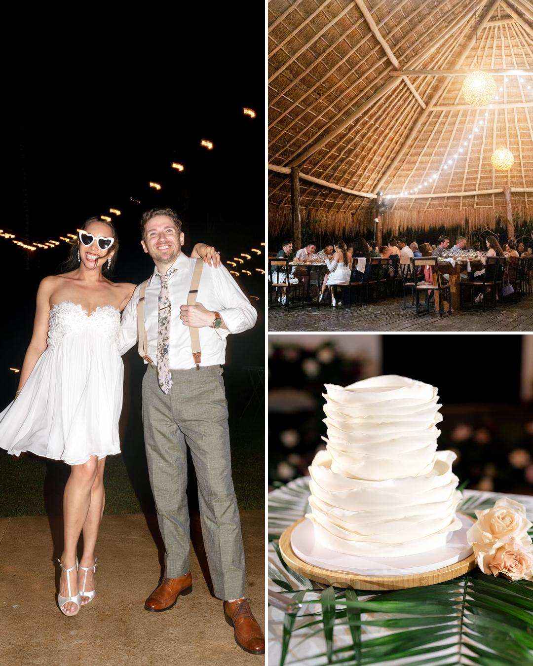 Collage showing a couple dressed in wedding attire, a reception in a thatched-roof venue, and a white tiered wedding cake on a table.