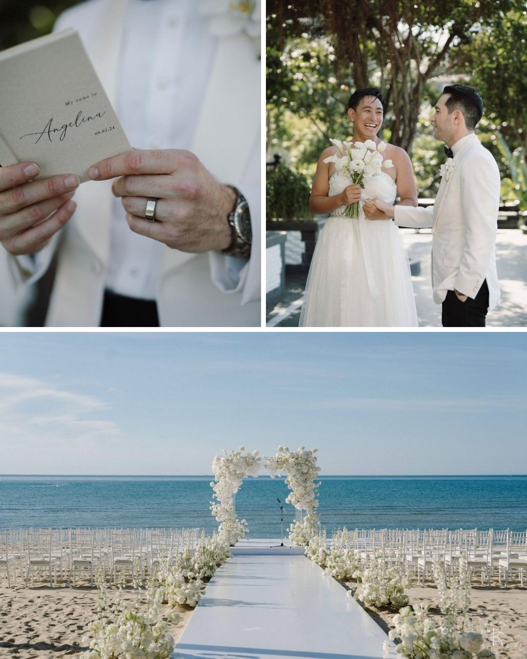 A groom holding vows, a fake bride and a groom laugh at each other, and a wedding ceremony setup by the ocean with white flowers and chairs.