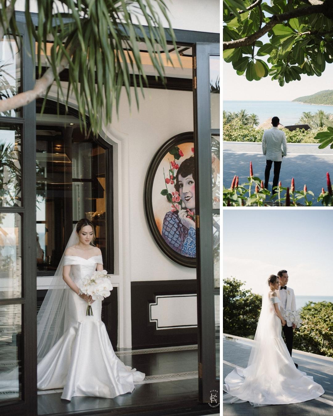 A bride in a white gown stands indoors, while a groom in a white suit stands outdoors; the couple poses together by the water in another scene.