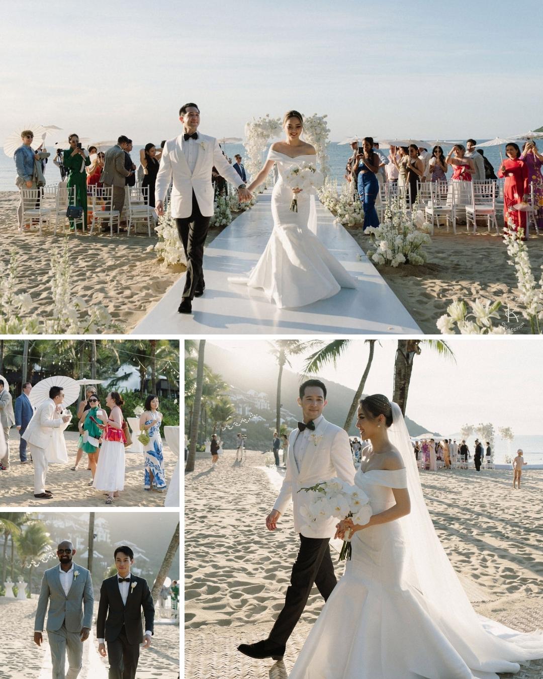 A bride and groom walk down an outdoor aisle on a beach, surrounded by guests. Other photos show the couple and guests in various moments during the beachfront wedding ceremony.