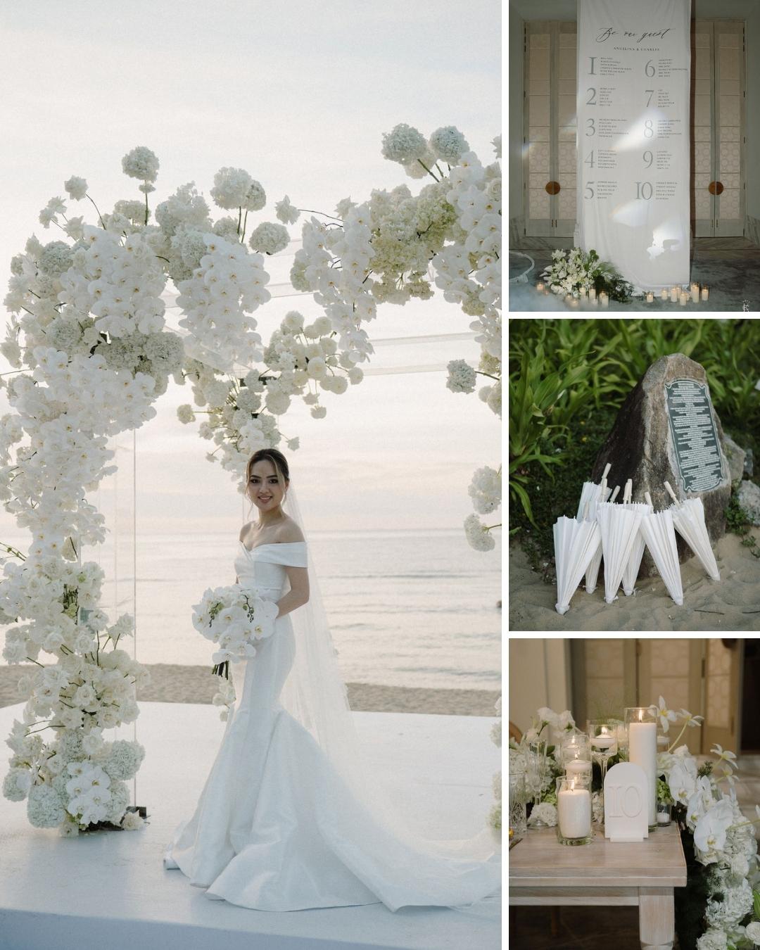 A bride in a white gown stands under a floral arch by the sea; collage includes a seating chart, umbrellas, and candles on a table.