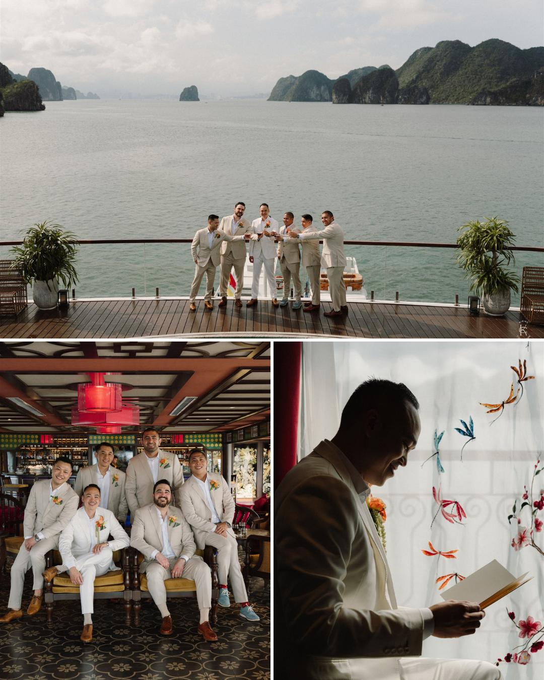 A group of men in light suits pose on a deck overlooking water, sit together indoors, and one man reads by a window with embroidered birds.