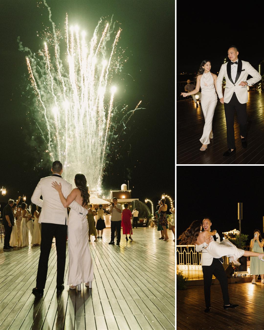Three wedding photos: a couple watches fireworks, poses together on a deck, and the groom lifts the bride. Guests and lights are visible in the background.