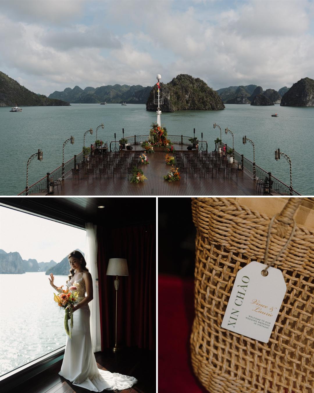 A boat deck set for an event on a bay, a woman in a white dress holding flowers by a window, and a wicker basket labeled “Xin chao.”.