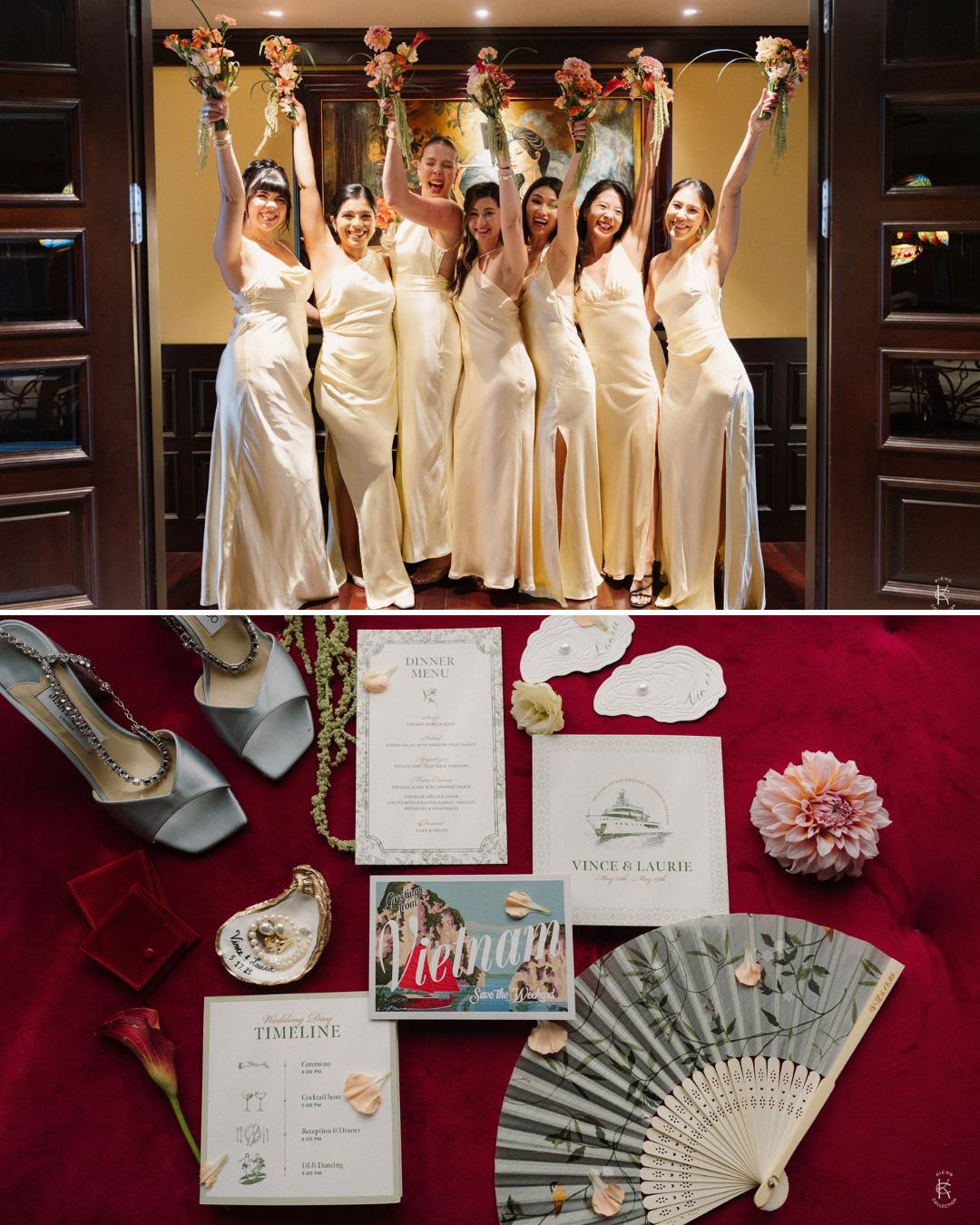 A group of six women in light dresses pose with raised arms indoors; below, wedding accessories and stationery are arranged on a red surface.