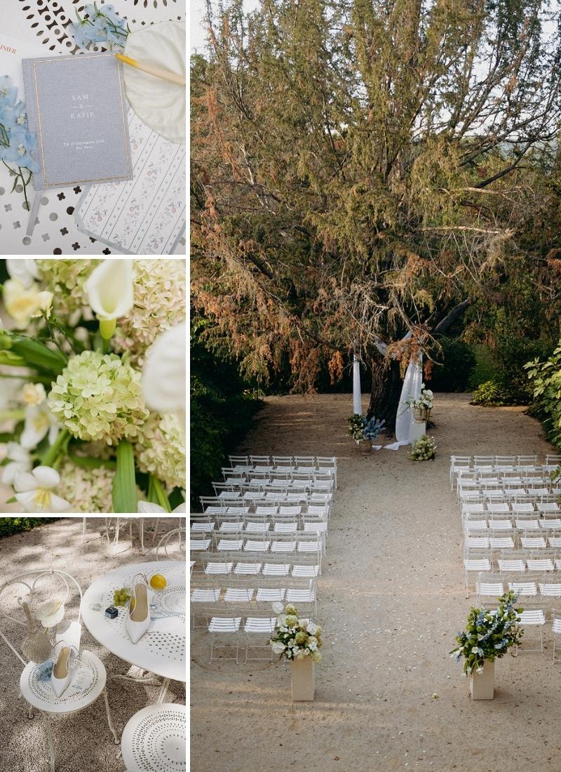A wedding ceremony setup outdoors with rows of white chairs, floral arrangements, a decorated altar under a large tree, and close-up shots of invitations, flowers, and table settings.
