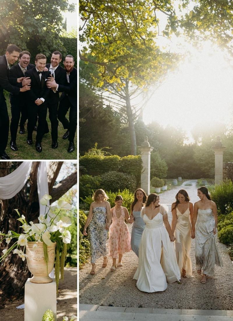 A collage shows groomsmen in black suits laughing, bridesmaids in pastel dresses walking with the bride, a sunlit garden, and a floral arrangement in a vase.
